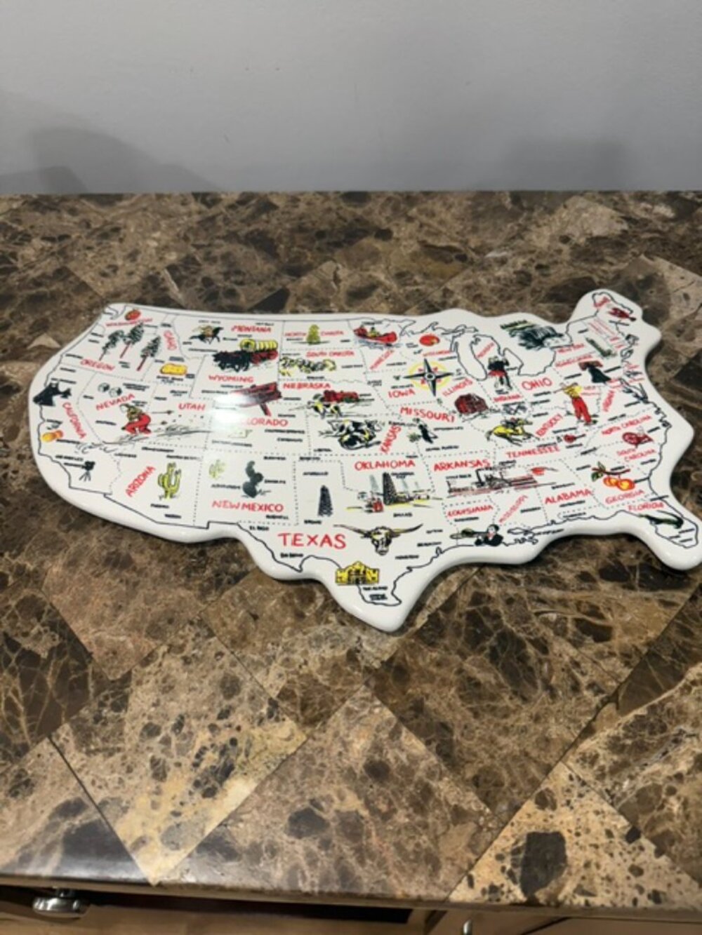 Magenta US Map Ceramic Serving Tray Charcuterie Platter Retro Style Rare